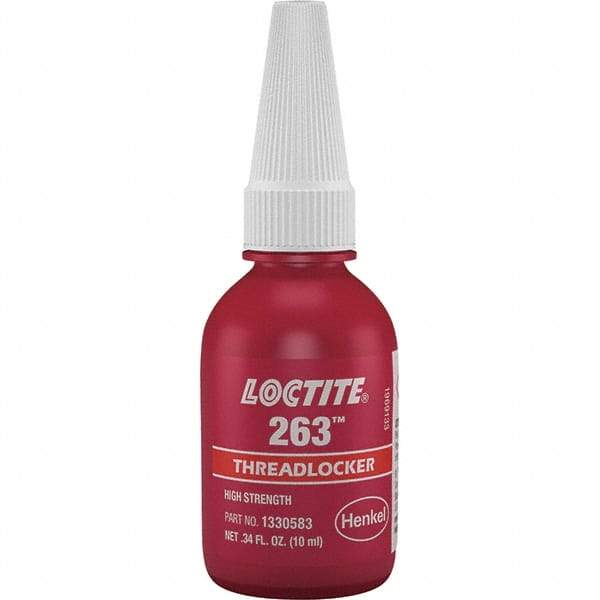 Loctite - 10 mL Bottle, Red, High Strength Liquid Threadlocker - Series 263, 24 hr Full Cure Time, Hand Tool, Heat Removal - Americas Tooling