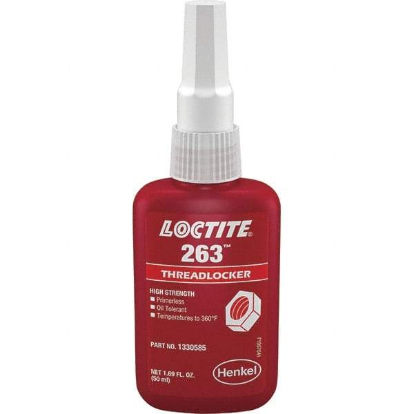 Loctite - 50 mL Bottle, Red, High Strength Liquid Threadlocker - Series 263, 24 hr Full Cure Time, Hand Tool, Heat Removal - Americas Tooling