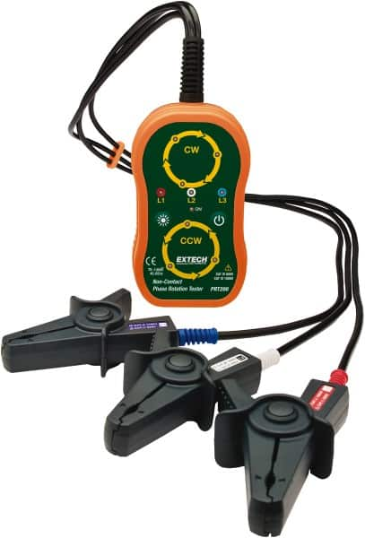 Extech - 3 Phase, 75 to 1,000 VAC, 45 to 65 Hz, 14 to 122°F, LED Display Phase Rotation Tester - AA, Includes (4) AA Batteries, Pouch Case, Test Leads with Large Color-Coded Alligator Clips, CAT III 600 V, CE, EN 61010-1 - Americas Tooling