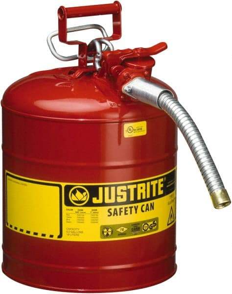 Justrite - 5 Gal Galvanized Steel Type II Safety Can - 17-1/2" High x 11-3/4" Diam, Red with Yellow - Americas Tooling