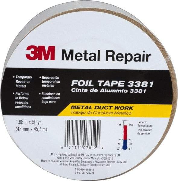 3M - 2" x 50 Yds Silver Foil Tape - 2.7 mil, Acrylic Adhesive, Aluminum Foil Backing, 10 Lb/ln Tensile Strength, -30°F to 260°F, Series 3381 - Americas Tooling