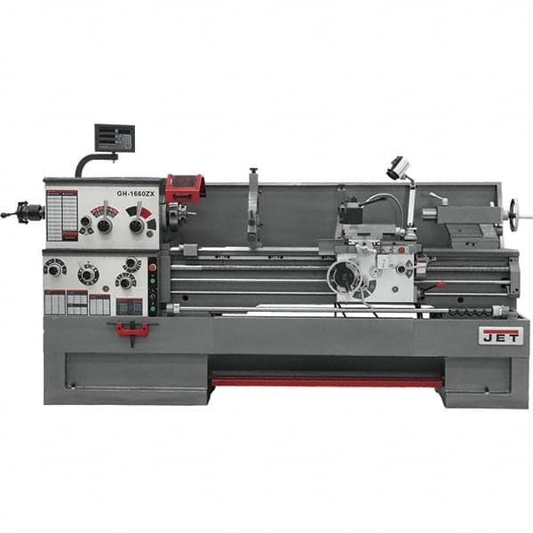 Jet - 16" Swing, 60" Between Centers, 230 Volt, Triple Phase Engine Lathe - 7MT Taper, 7-1/2 hp, 25 to 1,800 RPM, 3-1/8" Bore Diam, 44-1/2" Deep x 65-1/2" High x 117" Long - Americas Tooling