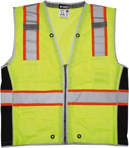 MCR Safety - Size 2XL High Visibility Lime Mesh Surveyor's Vest - 26.4" Chest, ANSI 107-2015, Zipper Closure, 6 Pockets, Polyester - Americas Tooling