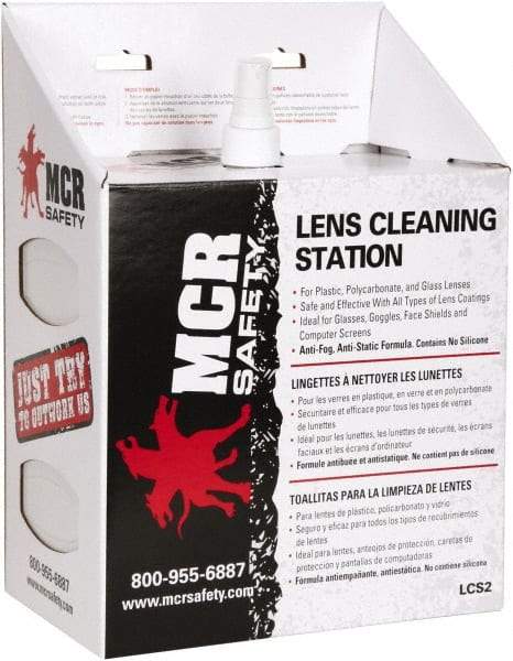 MCR Safety - 9 Inch Wide x 5-1/2 Inch High x 12 Inch Deep, Cardboard Lens Cleaning Station - 1 Pump, 16 Ounce Capacity Pump, 1,200 Towelettes, Disposable Station - Americas Tooling