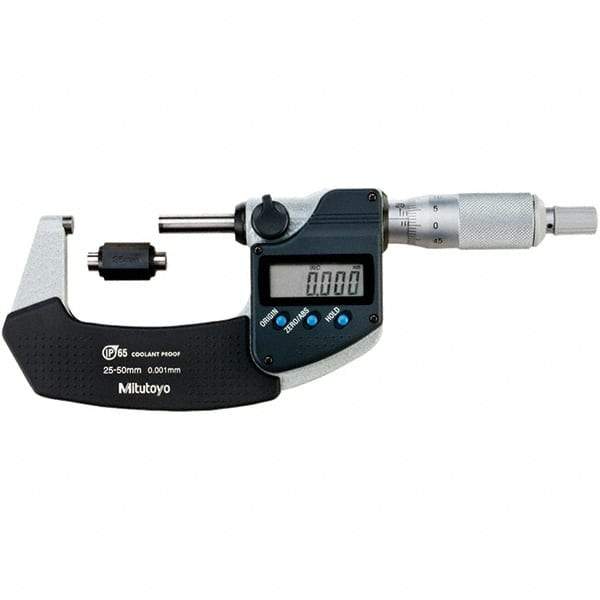 Mitutoyo - Standard Throat IP65 Electronic Outside Micrometer - Ratchet Stop Thimble, Carbide-Tipped Face, SR44 Battery - Americas Tooling