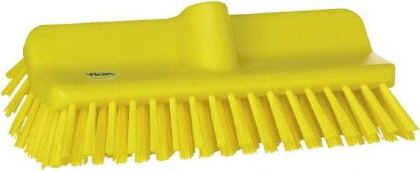 Vikan - 1-1/2" Bristle Length, Polyester Cleaning & Finishing Brush - 9-5/8" Long x 5" Wide Head, 10" OAL, European Threaded Handle, Yellow, Polypropylene Block - Americas Tooling