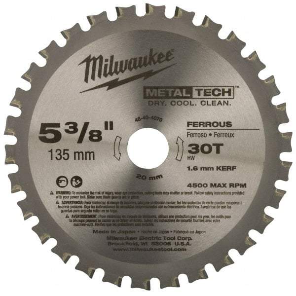 Milwaukee Tool - 5-3/8" Diam, 20mm Arbor Hole Diam, 30 Tooth Wet & Dry Cut Saw Blade - Carbide-Tipped, Standard Round Arbor - Americas Tooling