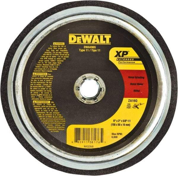 DeWALT - 6" Diam, 5/8" Hole Size, 2" Overall Thickness, 24 Grit, Type 11 Tool & Cutter Grinding Wheel - Coarse Grade, Zirconia Alumina, R Hardness, Resinoid Bond, 6,000 RPM - Americas Tooling