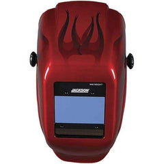 Jackson Safety - 2.36" Window Width x 3.93" Window Height, 9 to 13 Shade Auto-Darkening Lens, Fixed Front Welding Helmet - Red Flames Design, Thermoplastic Green Lens - Americas Tooling