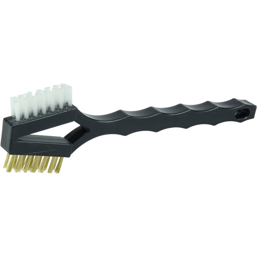 Double Sided V-Shape Scratch Brush, .006 Brass and .016 White Nylon Fill, Plastic Block, 3 × 7 Rows - Americas Tooling