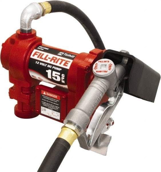 Tuthill - 15 GPM, 3/4" Hose Diam, DC Tank Pump with Manual Nozzle - 1" Inlet, 3/4" Outlet, 12 Volts, 12' Hose Length, 1/4 hp - Americas Tooling