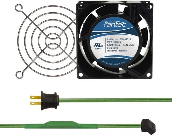 Made in USA - 115 Volts, AC, 31 CFM, Square Tube Axial Fan Kit - 0.18 Amp Rating, 3.15" High x 3" Wide x 38.5mm Deep, Includes Fan, Fan Guard, Thermostatically Controlled Fan Cord - Americas Tooling