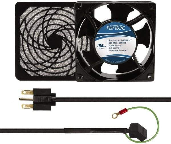 Made in USA - 230 Volts, AC, 80 CFM, Square Tube Axial Fan Kit - 0.07/0.06 Amp Rating, 120mm High x 120mm Wide x 38.5mm Deep, Includes Fan, Fan Guard, Fan Cord - Americas Tooling