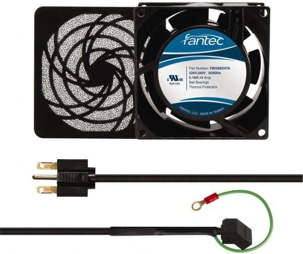 Made in USA - 230 Volts, AC, 32 CFM, Square Tube Axial Fan Kit - 0.06/0.05 Amp Rating, 3.15" High x 3" Wide x 38.5mm Deep, Includes Fan, Fan Guard, Fan Cord - Americas Tooling