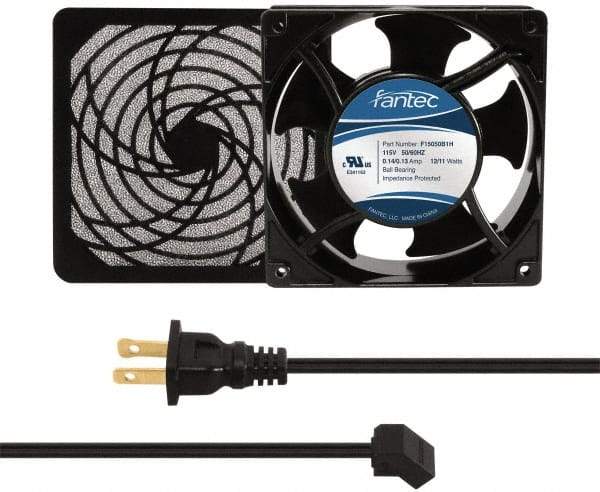 Made in USA - 115 Volts, AC, 103 CFM, Square Tube Axial Fan Kit - 0.26 Amp Rating, 120mm High x 120mm Wide x 38.5mm Deep, Includes Fan, Fan Filter, Fan Cord - Americas Tooling