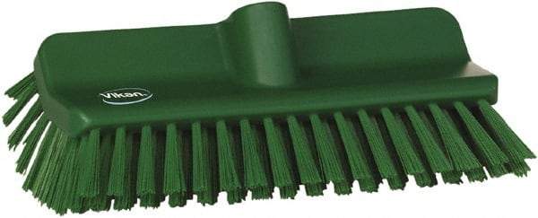 Vikan - 1-1/2" Bristle Length, Polyester Cleaning & Finishing Brush - 9-5/8" Long x 5" Wide Head, 10" OAL, European Threaded Handle, Green, Polypropylene Block - Americas Tooling