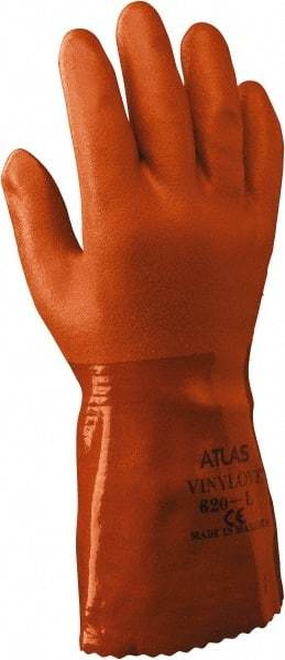 SHOWA - Size M (8), 12" Long, 18 mil Thick, Supported, PVC Chemical Resistant Gloves - Rough Finish, Knit Lined, Gauntlet Cuff, ANSI Abrasion Level 4, ANSI Cut Level 1, ANSI Puncture Level 1, Orange - Americas Tooling