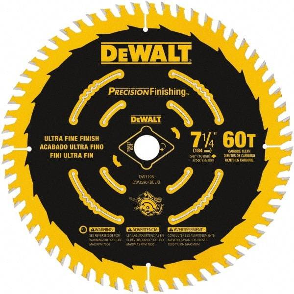 DeWALT - 7-1/4" Diam, 5/8" Arbor Hole Diam, 60 Tooth Wet & Dry Cut Saw Blade - Carbide-Tipped, Diamond Arbor - Americas Tooling