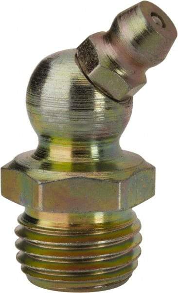 PRO-LUBE - 45° Head Angle, 1/4-18 NPT Steel Standard Grease Fitting - 9/16" Hex, 29.74mm Overall Height, 9.27mm Shank Length, Zinc Plated Finish - Americas Tooling