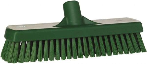 Vikan - 1.7" Bristle Length, Polyester Scrub Brush - 11-1/4" Long x 3" Wide Head, 12" OAL, European Threaded Handle, Green, Polypropylene Block - Americas Tooling