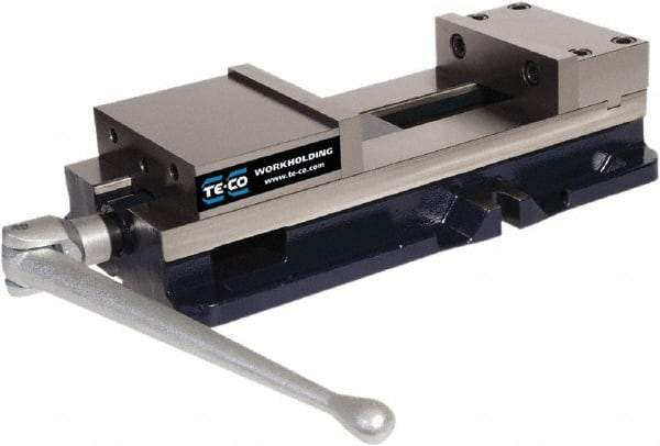 TE-CO - 8" Jaw Width, 11" Jaw Opening Capacity, Horizontal Stationary Machine Vise - Manual Operation, 12,000 Lb Capacity, 1 Station, 24-1/2" Long x 5.51" High x 2-1/4" Deep, 2-1/4" Jaw Height - Americas Tooling