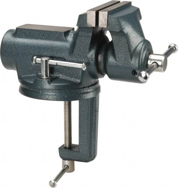 Wilton - 4" Jaw Width, 2-1/4" Opening Capacity, 2" Throat Depth, Steel Swivel Bench Vise - Clamp-On Base Attachment, 10" Long x 5.4" Wide x 10.1" High - Americas Tooling