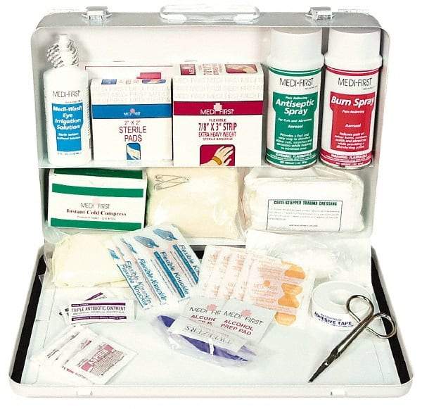 Medique - 98 Piece, 20 Person, Multipurpose/Auto/Travel First Aid Kit - 14" Wide x 3" Deep x 9-1/2" High, Metal Case - Americas Tooling