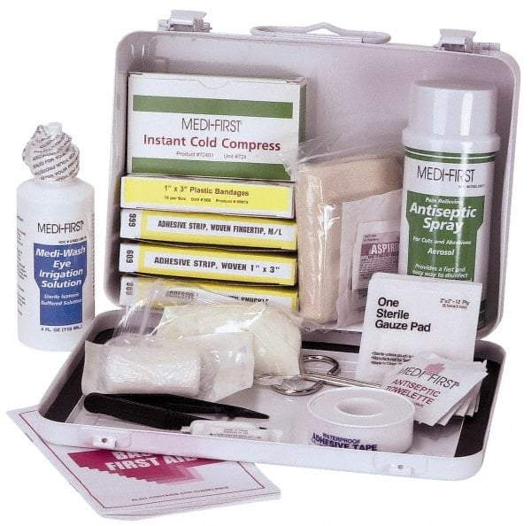 Medique - 24 Piece, 10 Person, Multipurpose/Auto/Travel First Aid Kit - 9-1/2" Wide x 2-3/4" Deep x 6-3/4" High, Metal Case - Americas Tooling