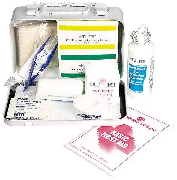 Medique - 52 Piece, 5 Person, Multipurpose/Auto/Travel First Aid Kit - 7-3/4" Wide x 2-3/4" Deep x 4-3/4" High, Metal Case - Americas Tooling