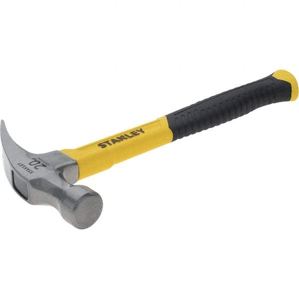 Stanley - 20 oz Head, Curved Claw Hammer - 12.83" OAL, Steel Head, 1.18" Face Diam, Smooth Face, Fiberglass Handle with Grip - Americas Tooling