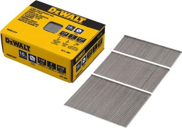 DeWALT - 16 Gauge 2-1/2" Long Finishing Nails for Power Nailers - Steel, Bright Finish, Smooth Shank, Angled Stick Collation, Round Head, Chisel Point - Americas Tooling