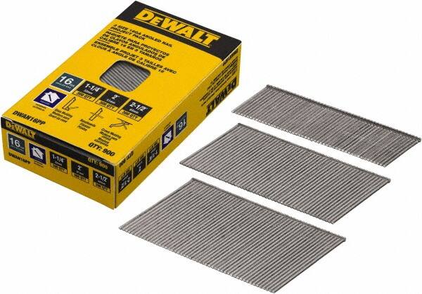 DeWALT - 16 Gauge 2-1/2" Long Finishing Nails for Power Nailers - Steel, Bright Finish, Smooth Shank, Angled Stick Collation, Round Head, Chisel Point - Americas Tooling