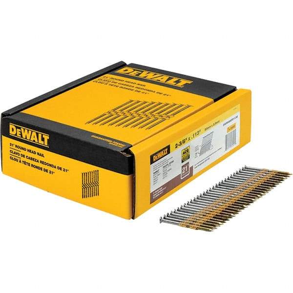 DeWALT - 12 Gauge 2.38" Long Framing Nails for Power Nailers - Steel, Galvanized Finish, Ring Shank, Angled Stick Collation, Round Head - Americas Tooling