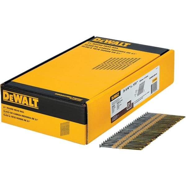 DeWALT - 9 Gauge 3-1/4" Long Framing Nails for Power Nailers - Steel, Bright Finish, Smooth Shank, Angled Stick Collation, Round Head - Americas Tooling