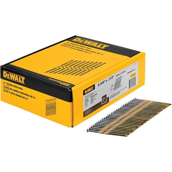 DeWALT - 12 Gauge 2.38" Long Framing Nails for Power Nailers - Steel, Bright Finish, Smooth Shank, Angled Stick Collation, Round Head - Americas Tooling