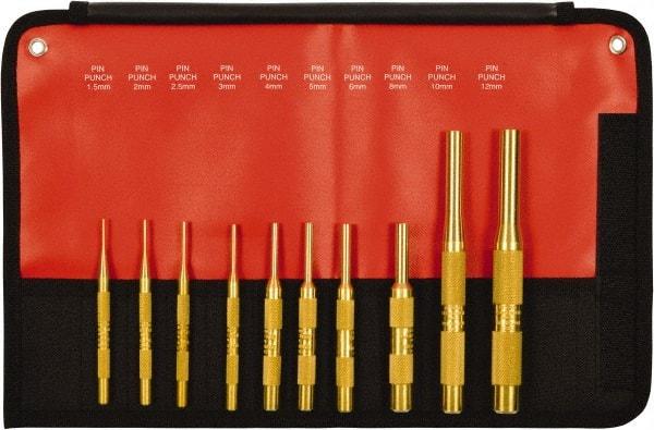 Mayhew - 10 Piece, 1.5 to 12mm, Pin Punch Set - Round Shank, Brass, Comes in Kit Bag - Americas Tooling