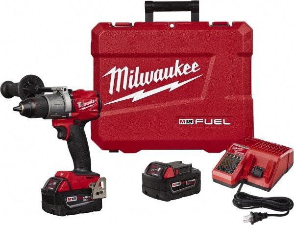 Milwaukee Tool - 18 Volt 1/2" Chuck Pistol Grip Handle Cordless Drill - 0-550 & 0-2000 RPM, Single-Sleeve Ratcheting Chuck, Reversible, 2 Lithium-Ion Batteries Included - Americas Tooling