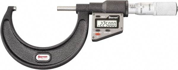 Starrett - 50.8 to 76 mm Range, 0.0001" Resolution, Standard Throat, Electronic Outside Micrometer - 0.0001" Accuracy, Friction Thimble, Micro Lapped Carbide Face, CR2450 Battery, Includes 3V Battery - Americas Tooling