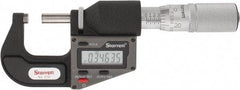 Starrett - 0 to 25 mm Range, 0.0001" Resolution, Standard Throat, Electronic Outside Micrometer - 0.0001" Accuracy, Friction Thimble, Micro Lapped Carbide Face, CR2450 Battery, Includes 3V Battery - Americas Tooling