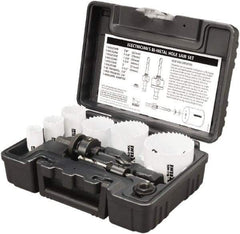 Disston - 9 Piece, 7/8" to 2-1/2" Saw Diam, Electrician's Hole Saw Kit - Bi-Metal, Toothed Edge, Pilot Drill Model No. E0102457, Includes 6 Hole Saws - Americas Tooling