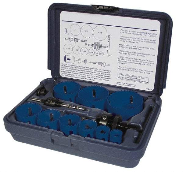 Disston - 9 Piece, 7/8" to 2-1/2" Saw Diam, Electrician's Hole Saw Kit - Bi-Metal, Toothed Edge, Pilot Drill Model No. E0102457, Includes 6 Hole Saws - Americas Tooling