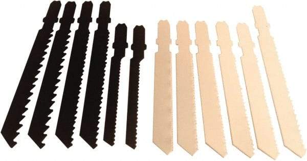 Disston - 12 Piece, 2-3/4" to 3-1/2" Long, 6 to 24 Teeth per Inch, Carbon and Bi-Metal Jig Saw Blade Set - Toothed Edge, U-Shank - Americas Tooling