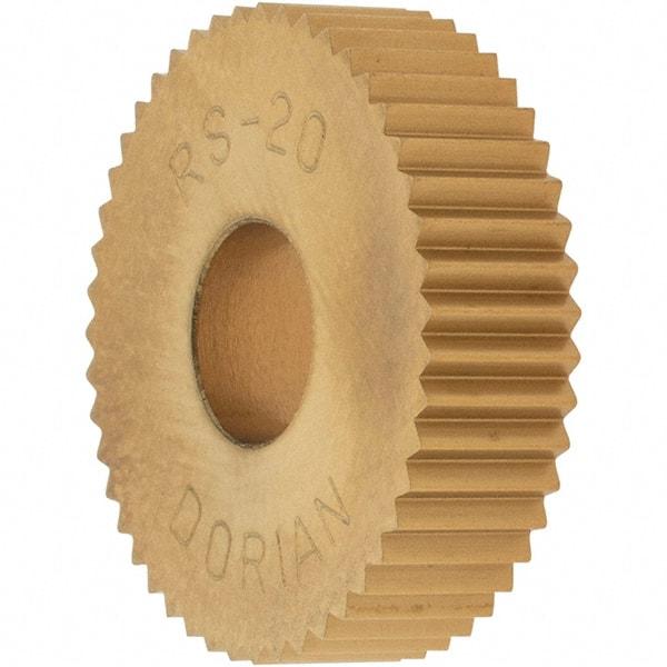 Dorian Tool - 3/4" Diam, 90° Tooth Angle, 20 TPI, Standard (Shape), Cut Type High Speed Steel Straight Knurl Wheel - 5mm Face Width, 1/4" Hole, Circular Pitch, TiN Finish, Series R - Exact Industrial Supply