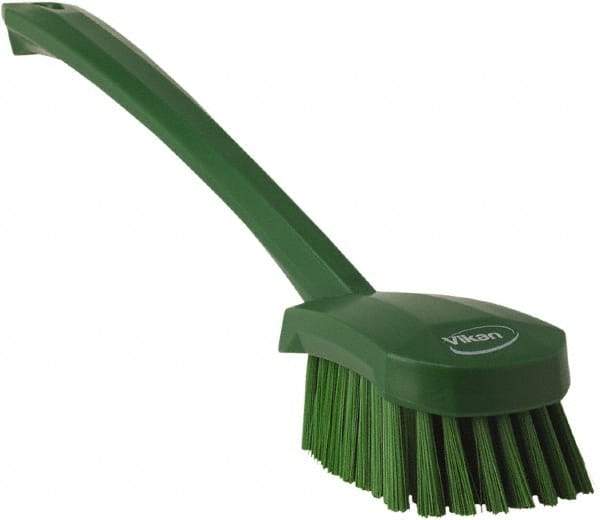 Vikan - 1.3" Bristle Length, Polyester Scrub Brush - 4" Long x 2-3/4" Wide Head, 15-3/4" OAL, Green, Polypropylene Block - Americas Tooling