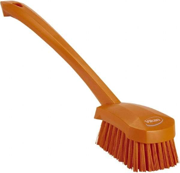 Vikan - 1.3" Bristle Length, Polyester Scrub Brush - 4" Long x 2-3/4" Wide Head, 15-3/4" OAL, Orange, Polypropylene Block - Americas Tooling