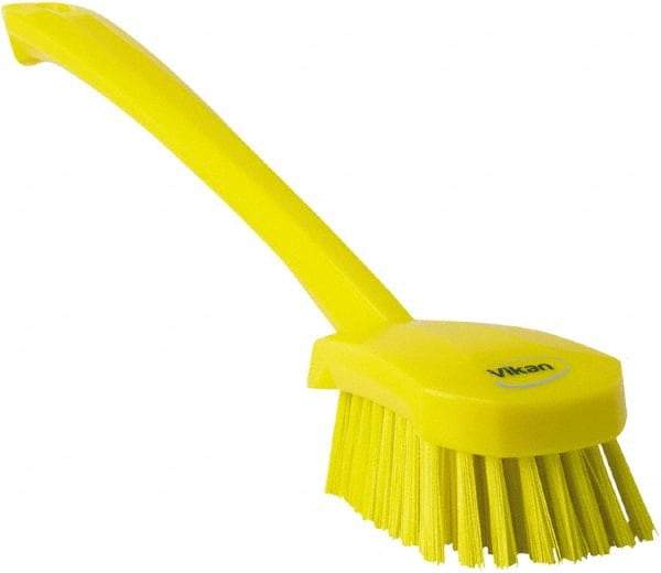 Vikan - 1.3" Bristle Length, Polyester Scrub Brush - 4" Long x 2-3/4" Wide Head, 15-3/4" OAL, Yellow, Polypropylene Block - Americas Tooling