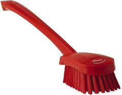 Vikan - 1.3" Bristle Length, Polyester Scrub Brush - 4" Long x 2-3/4" Wide Head, 15-3/4" OAL, Red, Polypropylene Block - Americas Tooling