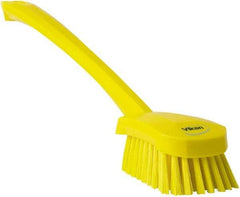 Vikan - 1.3" Bristle Length, Polyester Scrub Brush - 4" Long x 2-3/4" Wide Head, 15-3/4" OAL, Yellow, Polypropylene Block - Americas Tooling