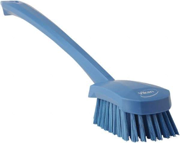 Vikan - 1.3" Bristle Length, Polyester Scrub Brush - 4" Long x 2-3/4" Wide Head, 15-3/4" OAL, Blue, Polypropylene Block - Americas Tooling