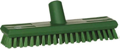 Vikan - 1" Bristle Length, Polyester Scrub Brush - 10-5/8" Long x 2-1/2" Wide Head, 11" OAL, European Threaded Handle, Green, Polypropylene Block - Americas Tooling